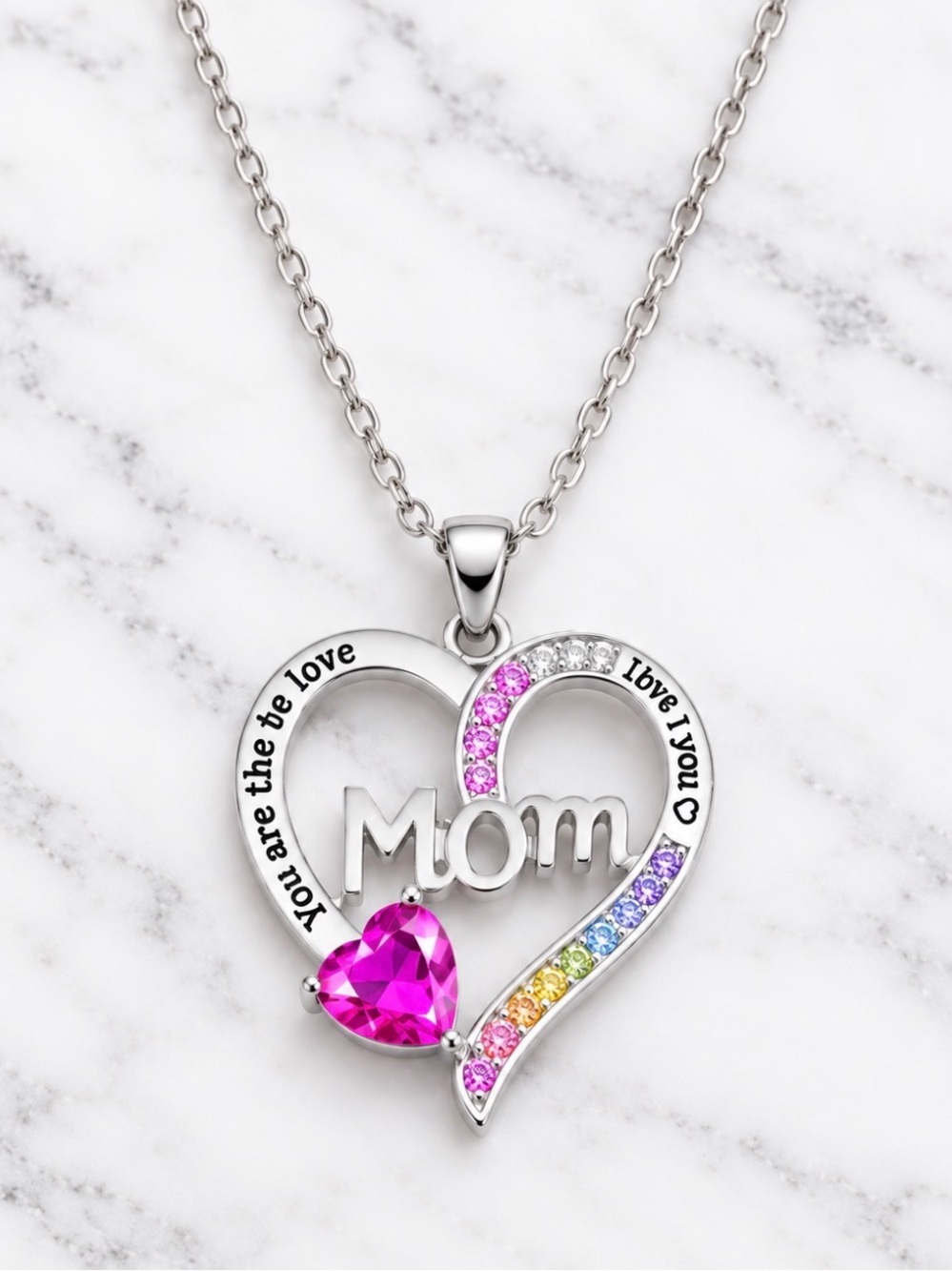 Heart Shape Mom 18 inch Pendant Necklace with Rhinestones